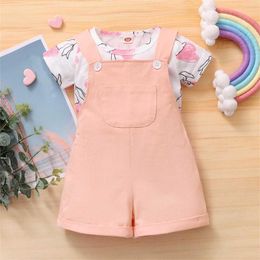 Clothing Sets Little Child Girls Summer Suit Love Print Short Sleeved Top Button Solid Colour Strappy Shorts Two Piece Set