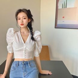 Women's Blouses Summer Style White Shirts V-neck Women's Clothing Fashion Brand Crop Top Female Korean Clothes Puff Sleeve 2023