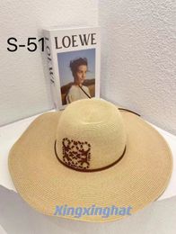 Designer Wide Brim Hats & Bucket Hats Summer New Jacquard Embroidered Fisherman Hat Pieced Leather Woven Beach Sunshade Straw Hat 36U6