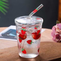 Cartoon style cute 300ML lead-free morning water glass cup Household drinkware milk juice Glass Mug with lid and straw L230620