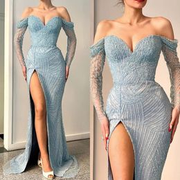 Blue beading prom dresses off shoulder long sleeves party evening dress high split sheath sweep train dresses for special occasions