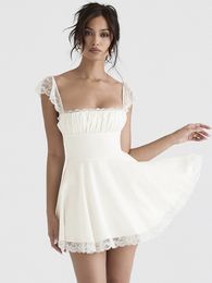 Basic Casual Dresses Mozision Elegant White Lace Strap Mini Dress For Women Fashion Sleeveless Backless Loose Sexy Short Vestido Clubwear 230627