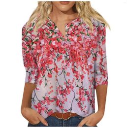 Women's T Shirts 2023 Women'S 3/4 Sleeve For Women Cute Flowers Print Graphic Tees Blouses Casual Plus Size Basic Tops Pullover