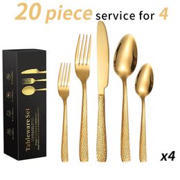 20PCS Dinnerware Cutlery Set Square handle stainless steel tableware knife fork and spoon