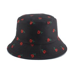 Harajuku Bucket Hat Outdoor Fishing Cap Women Gorro Bucket Rose Flower Print Bucket Hats Sunscreen Fisherman Hat