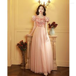 Ethnic Clothing French Square Collar Sequins Beaded Bow Applique Puff Sleeve Evening Dresses Women Formal Party Gown Vestidos