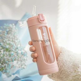 Double Portable Glass Cute Water Bottle Kawaii Cup Tumbler With Straw Gifts for Girls Milk Coffee Juice vaso con tapa y pajita L230620