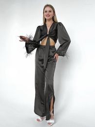 Women's Sleepwear Hiloc Grey Pyjamas With Feathers Women Sets Lacing Crop Tops Long Sleeve Home Suit High Waist Slit Pants Set 2023