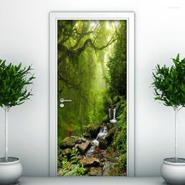 Wallpapers 3D Door Sticker PVC Waterproof Self-adhesive Green Forest Stones Creek Mural Wallpaper For Kitchen Living Room Bedroom Wall