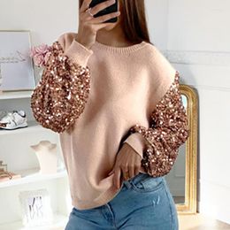 Women's Blouses Sequins Patchwork Women O Neck Loose Blouse Spring Long Sleeve Female Pullover Top Casual Office Lady Autumn Outwear Shirt