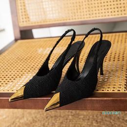 Metal head women's formal shoes luxury high-end brand SHINY LEATHER Lingge high heels sexy fashion 10cm pointed banquet party designer back empty sandals