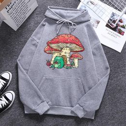 Men's Hoodies Cottagecore Aesthetic Frog Knitting Mushroom House Men Hoody Harajuku Soft Fleece Clothing Casual Loose Mens Streetwear