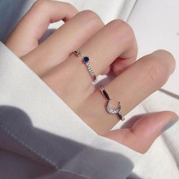 Cluster Rings Summer 925 Sterling Silver Star Moon Two Piece Set Double Ring Women's Flash Diamond Simple Open Wedding Jewellery Party