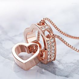 Pendant Necklaces Gold Colour Austrian Crystal Double Heart Necklace For Women Clavicle Chain Elegant Charm Wedding Jewellery