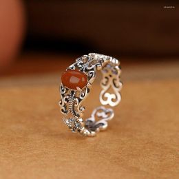 Cluster Rings LongLongjinsu S925 Guochaonan Red Retro Shiny Ruyi Hollow Egg Face Ring Chinese Style All Matching Silver