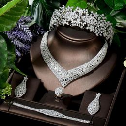 Necklace Earrings Set HIBRIDE Classic Water Drop Pendientes Headband Tiaras Princesas 5PCS Full Cubic Zirocnia White Gold Colour Women N-1619