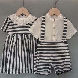 Clothing Sets Children Boutique Clothing Set Custom Black White Striped Cotton and Linen For Boys Girls Spanish Sister Brother Fashion Clothes 230627