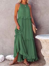 Basic Casual Dresse Solid Long Dresses Summer Loose Sleeveless Hollow TieUp Dress Female Beach Party Ruffle Maxi Elegant Robe 230627