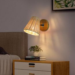 Wall Lamps Rattan Bedside Nordic Retro Home Decor Modern Minimalist Hand-Woven Bedroom Living Room Light Rotatable Lighting