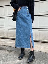 Skirts Spring Korean High-waisted Spilt Thin Washed Mid-length A-line Love Pattern Denim Women Fashion Streetwear 2023