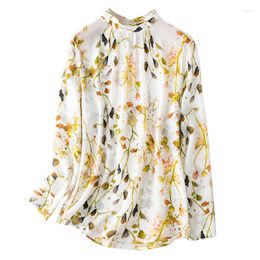 Women's Blouses Natural Silk Floral Print Long Sleeve Real Bow Tie Blouse Tops For Women Office Wear Shirts Work