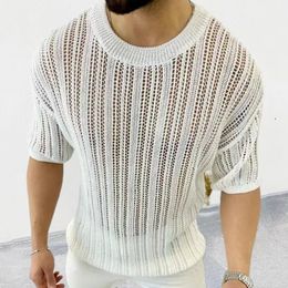 Men's TShirts Spring Knitting Custom Tees Sweater For Men Slim Fit ONeck Solid Hollow Mesh Man Pullover Autumn Long Sleeve Stretch Tops 230628