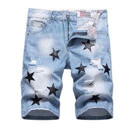 Ripped Hole Summer Denim Shorts For Men Fashion Trend Straight Mid-waist Pants Light Blue Stars Patches Knee Length Jeans
