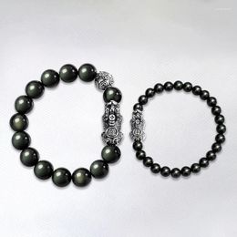 Strand Drop Shop Black Natural Obsidian Stone Bracelets Round Beads With Tibetan Silver Pixiu Bracelet For Women Men Couples Jewellery