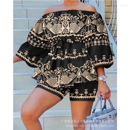 Women's Tracksuits Female Casual Tracksuit Outfits Streetwear Clothing Suit Fashion Women Print Off Shoulder Shirt Top Shorts 2 Pcs Set