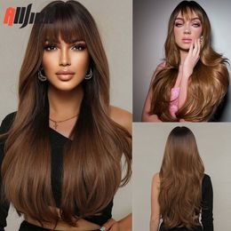 Synthetic Wigs Black Brown Ombre with Bangs Long Natural Wavy Hair Wig Daily Use Heat Resistant Cosplay for Women 230627