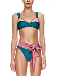 Women's Swimwear Fashion Pusdh Up Sexy Women Blue Pink Colour Block One Piece Swimsuit Strappy Bandage Biquini Bathing Suit And Cover