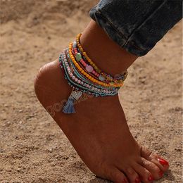 Bohemian Style Coloured Beaded Anklets Fashion Love Tassel Pendant Anklet Set For Women Summer Beach Jewellery
