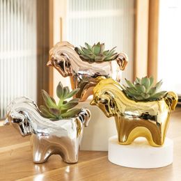 Vases Factory Wholesale Gardening Electroplating Golden Fleshy Flowerpot Ceramic Creative Desktop Cartoon Flower