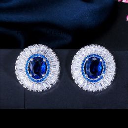 Dazzling White Gold Plated Big Round Rectangle Oval Cubic Zirconia Blue Colour Stone Stud Earrings for Girls Fashion Jewellery