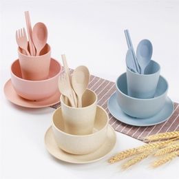 Dinnerware Sets 6pcs/set Baby Children Tableware Set Wheat Straw Household Dishware Simple Dishes Salad Soup Bowl Steak Plate