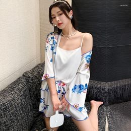 Women's Sleepwear 3PC Silk Robe Sleep Suit Womens Satin Pyjamas Gown Set V-Neck Cami Nighties Wear Pijama Home Nightwear Spring Nightdress