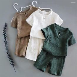 Clothing Sets 0-6Y Boys Girls Summer Solid Cotton Linen T-shirts Elasctic Shorts Kids Clothes Casual For Children