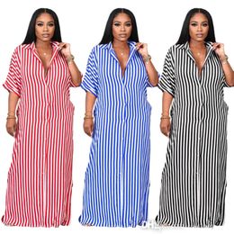 2023 Vintage Summer Vestidos Dresses For Woman Striped Split Long Skirt Batwing Three Quarter Sleeve Straight Shirt Style Maxi Dress