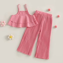 Clothing Sets 3 7Y Kids Girls Summer Clothes Set Children Solid Colour Spaghetti Strap Ruffle Tank Tops Wide Leg Pants Baby Casual Outfits 230627