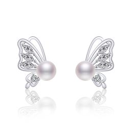 Luxury Cz diamond pearl Butterfly stud earrings for women french style Earring jewelry