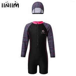 Women's Swimwear Girls One Piece Rashguard Swimsuit With A Hat Long Sleeve Stripes Print Zipper Jumpsuit Athletic UPF 50 Sun Protection