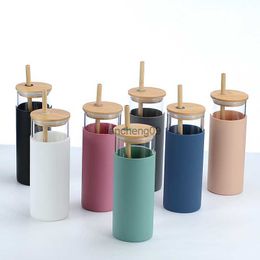 500ML Portable Silicone Glass Bamboo Lid Straw Water Cup Sports Water Bottle Coffee Cup With Straw Outdoor Travel Home Office L230620