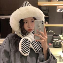 Berets Bib Hat One Striped Hooded Scarf Plus Velvet Thickened Warm Everything Plush Ear Protection Lei Feng Female Two-piece Set