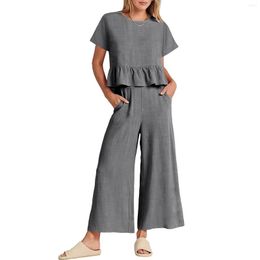 Women's Two Piece Pants 2 Outfits For Women 2023 Summer Solid Colour Short Sleeve Ruffle Crop Tops Wide Leg Set With Pocket Streetwear
