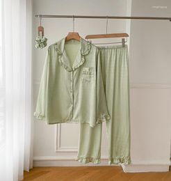 Women's Sleepwear Sexy Ice Silk Ruffles Long Sleeve Shirt Pants Women Green Jacquard Satin Pajama Two-Piece Homewear Nightwear