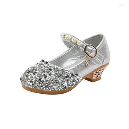 Flat Shoes Girl Princess Dress PU Leather Spring High Heel Crystal Rhinestone Shiny Children's Party Wedding Dance