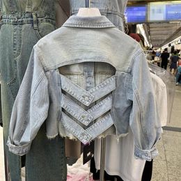 Women's Jackets GTGYFF Women's Hollow Out Back Side Jean Jacket Coat Fashion Crops Tops Fringe Tassels Denim Outwear