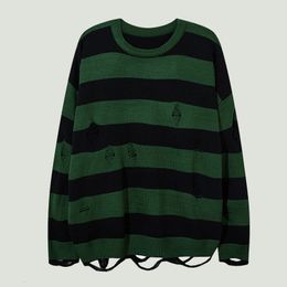 Men's TShirts High Street Hole Knitted Sweater Men Harakuju Stripe Spliced College Jumper Hip Hop Oversize Casual ONeck Loose Pullover Unisex 230628