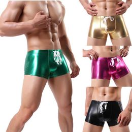 Underpants Swimming Pants For Men Solid Sexy Underwear Mens Bright Leather Trunks Beachwear W0321