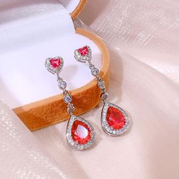 Stud Earrings 925 Silver Fashion Temperament Water Drop Shape Red Corundum Zircon Eardrop Women's Birthday Party Accessories Wholesale